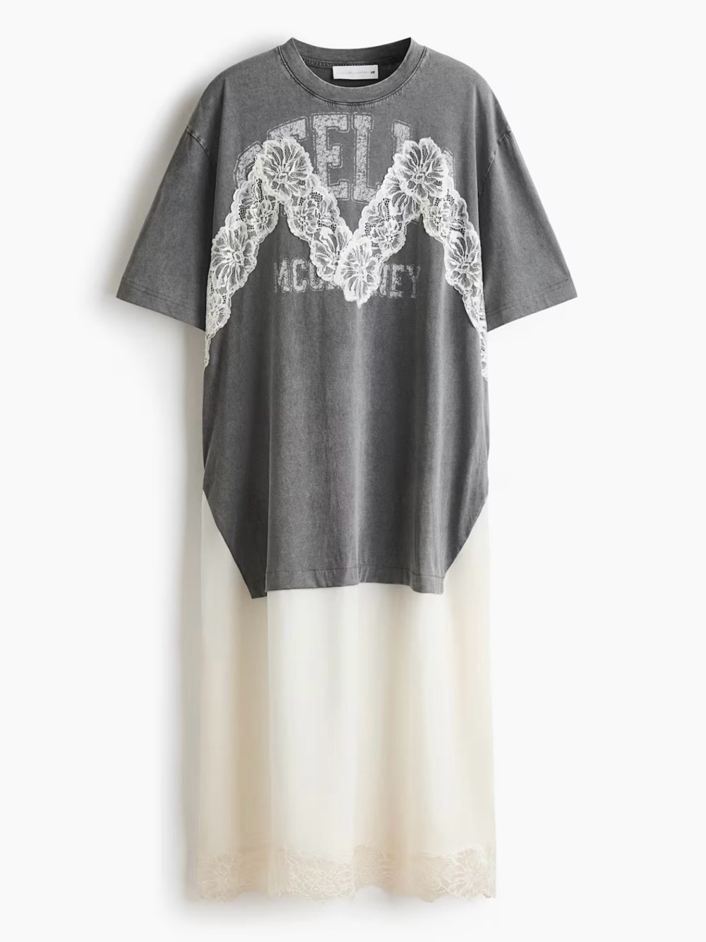 Charcoal Tee Dress with White Lace Skirt Panel